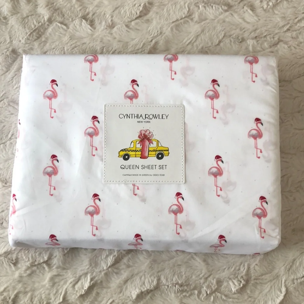 Cynthia Rowley FLAMINGO Santa Sheet Set - QUEEN